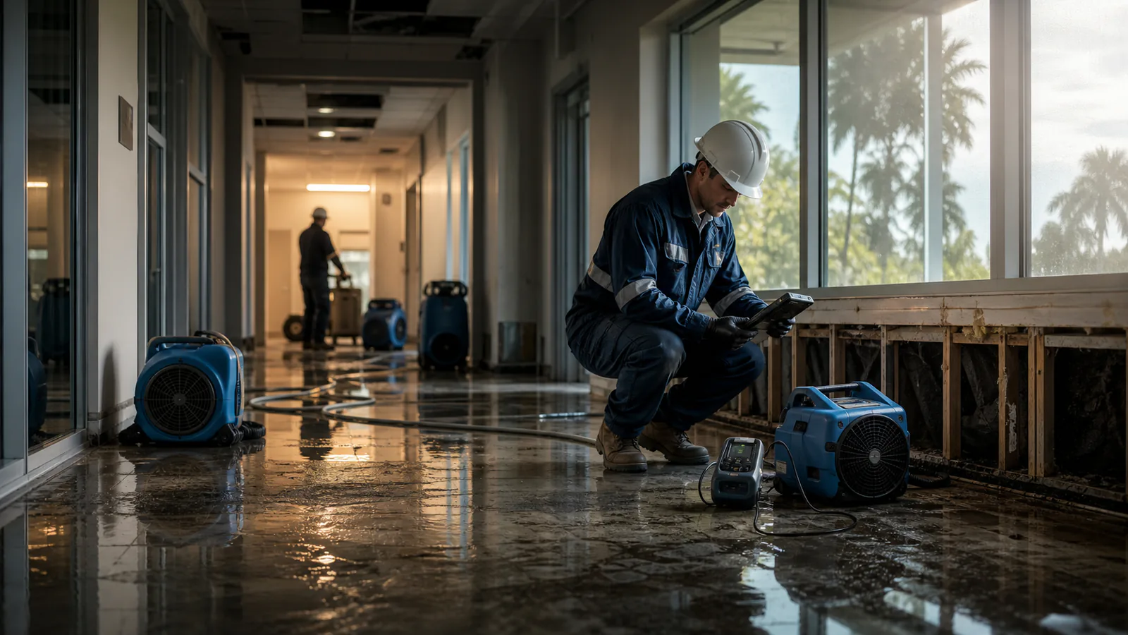 Restoration technician documenting a water-damaged property with drying equipment