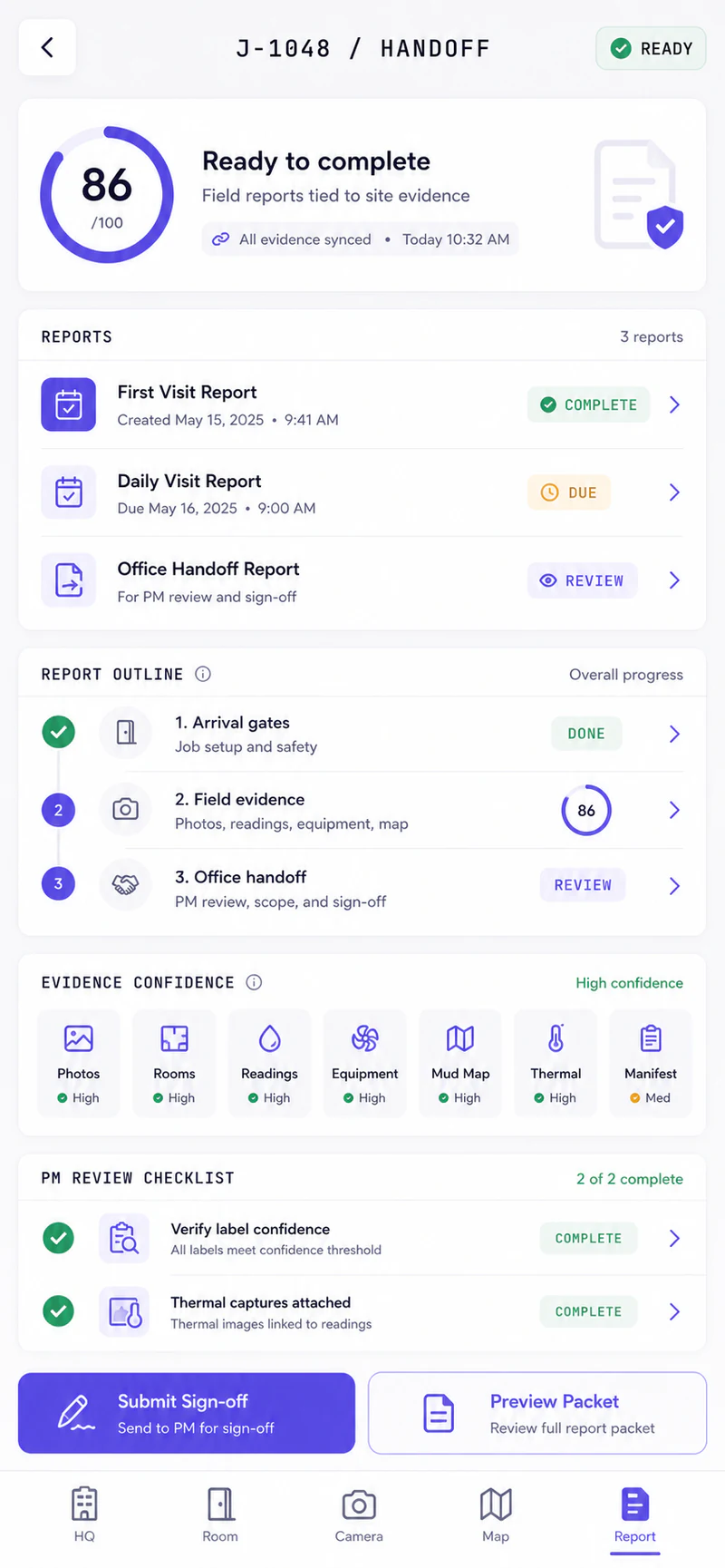 SiteVu report handoff showing evidence readiness and review status